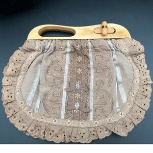 Handmade artisan Handbag Wooden Handle frilly Eyelet Bag "Mori Kei" style